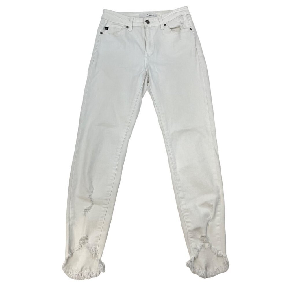 KanCan Womens Mid Rise Raw Cuff Distressed Skinny Jeans Ivory Sz 5/26